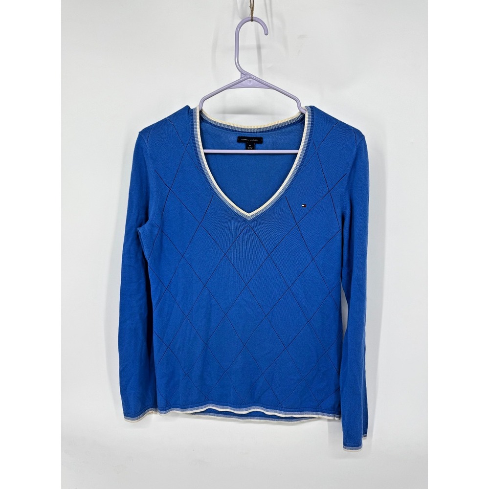 Tommy Hilfiger Y2K Pullover Sweater‎ Size M 100% Cotton Long Sleeve V-Neck 2000s